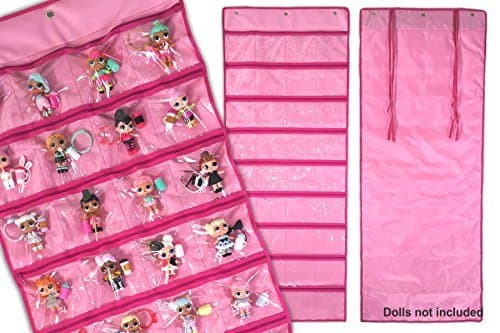 Big Pink Display Storage Bag and Roll Up Case Organizer for dolls and more. Store just about anything you can think of. From beads to jewelry or arts and craft supplies. Includes 3 door hanging hooks