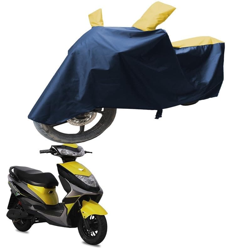 SS (FOR YOUR SMART NEEDS)® UV Protection & Dustproof with Mirror Pocket Bike Body Cover Compatible with Ampere REO | (Rasain Yellow | Blue)