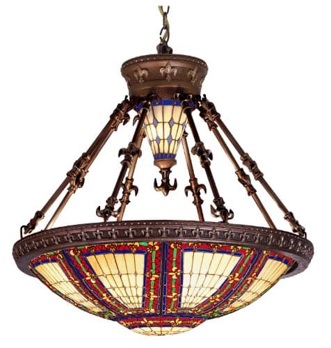 Meyda Custom Lighting 98983 Fleur-De-Lis Collection 6-Light Pendant, Mahogany Bronze Finish with Yellow, Blue and Red Stained Art Glass