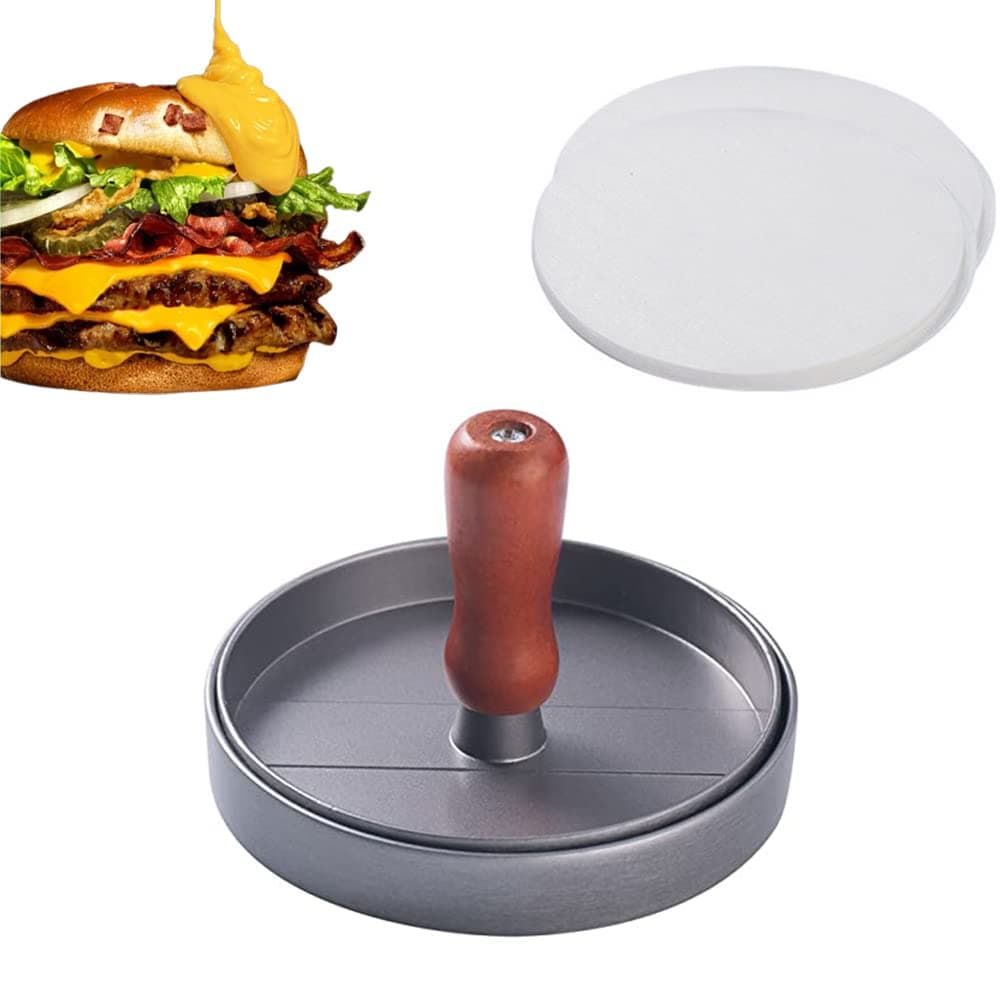 Burger press + 100 Wax Discs, cast iron non-stick burger press, food grade aluminum burger press, BBQ kitchen meat press, suitable for making burgers, patties, meatballs, BBQ.