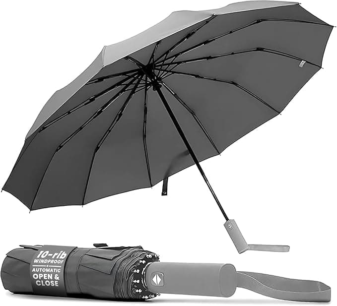 Windproof Umbrella – 10-Rib Waterproof & Compact Umbrella with Automatic Open/Close Function and Ergonomic Handle – Folding Mini Umbrella - Strong Umbrellas for Wind and Rain