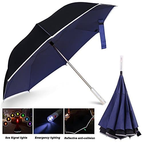 PERETEAE Double Layer Inverted Umbrella with LED Handle, Vehicle Reflective Stripes Cars Reverse Umbrella Folding Safety Rain Umbrella and UV Protection Windproof & Waterproof (SOS Blue)