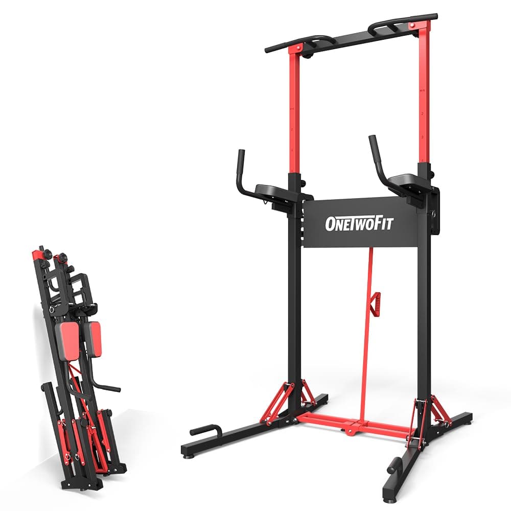 ONETWOFIT Power Tower Pull Up Bar Station&Assistance Machine,Multi-Function Adjustable Height Foldable Dip Station for Home Gym Workout, Heavy Duty Strength Training Fitness Equipment 360/400/600LBS