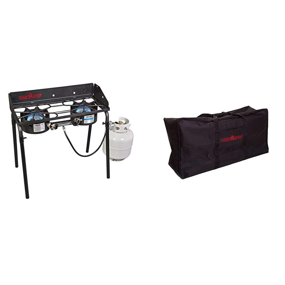 Camp Chef Explorer, Two Burner Stove, Two 30,000 BTU's cast-aluminum burners, Cooking Dimensions: 14 in. x 32 in | Camp Chef Carry Bag for Two-Burner Stoves