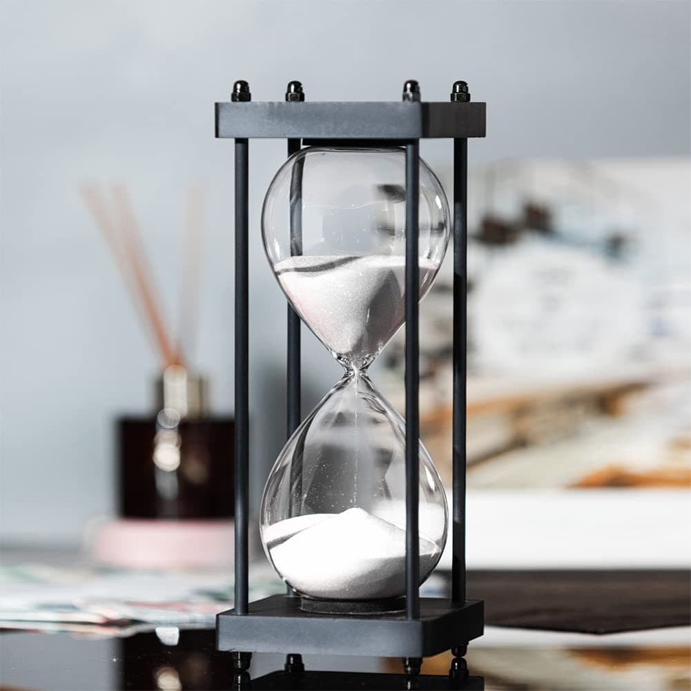 SAMLONG Large Hourglass Timer 60 Minute, Decorative Black Frame Sandglass with White Sand