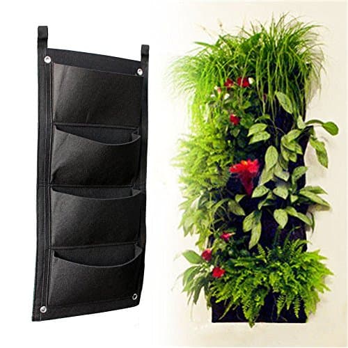 Hizing Vertical Wall Garden Planter,Recycled Materials Wall Mount Balcony Plant Grow Pots Container Bags for Outdoor,Free Strawberry Seeds,Black,(4 Pocket)