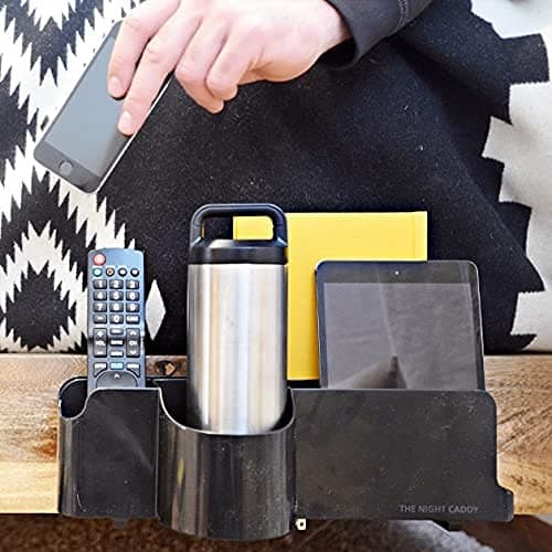 Night Caddy Deluxe Bedside Caddy Organizer - Includes USB Charger Power Cord - Adjustable - Cup Holder - Storage for Bedrooms College Dorms Bunk Beds to Hold Remotes Tablets Laptops Phones - Black