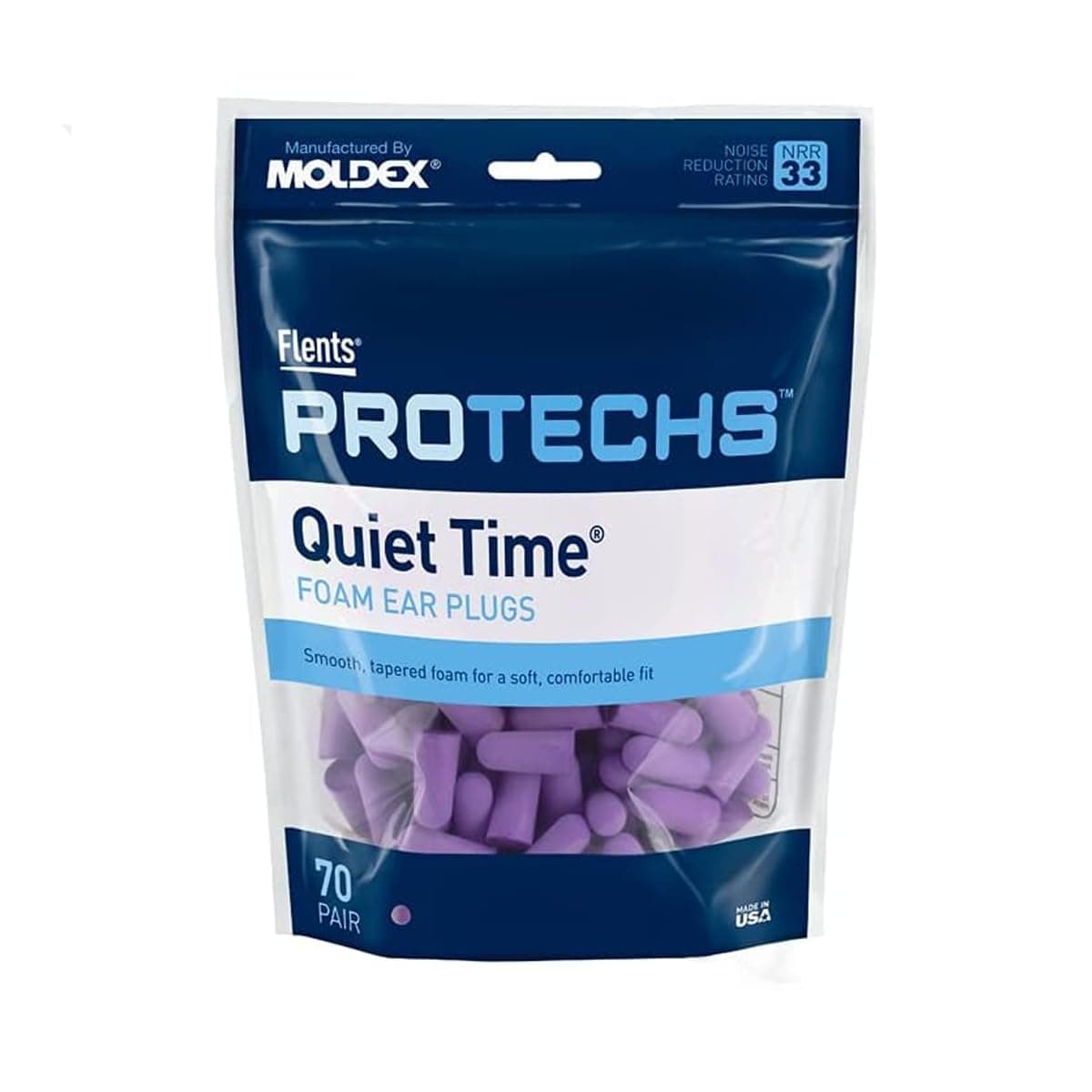 Protechs Foam Ear Plugs, 70 Pair for Sleeping, Snoring, Loud Noise, Traveling, Concerts, Construction, Studying, Work, Shooting, NRR 33, Noise Cancelling, Disposable Purple, Made in the USA