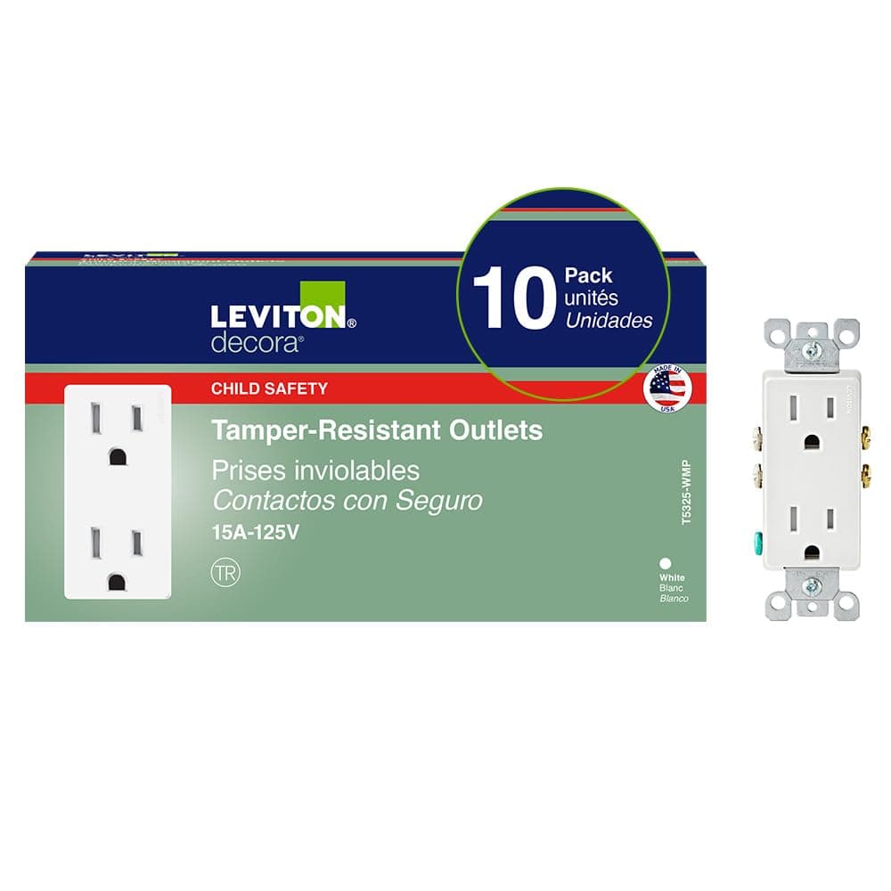 Leviton 15 Amp Decora Tamper-Resistant Duplex Electrical Wall Outlet, 10 Pack, T5325-WMP, White