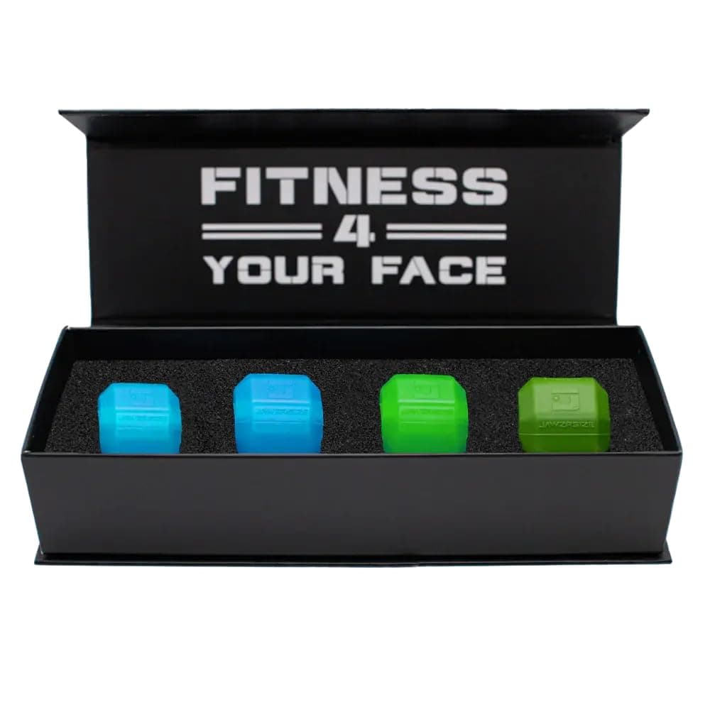 Jawzrsize Athletic Bundle Jaw Enhancer - Jaw, Face, and Neck Exerciser, Helps Reduce Stress and Cravings - Facial Exercise (Pop N Go & Custom Fit (Beg., Adv., & Elite), Green & Blue)