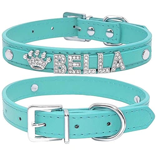 Didog Smooth PU Leather Custom Dog Collars with Rhinestone Personalized Name Letters, Fit Small Medium Dogs, Blue, S