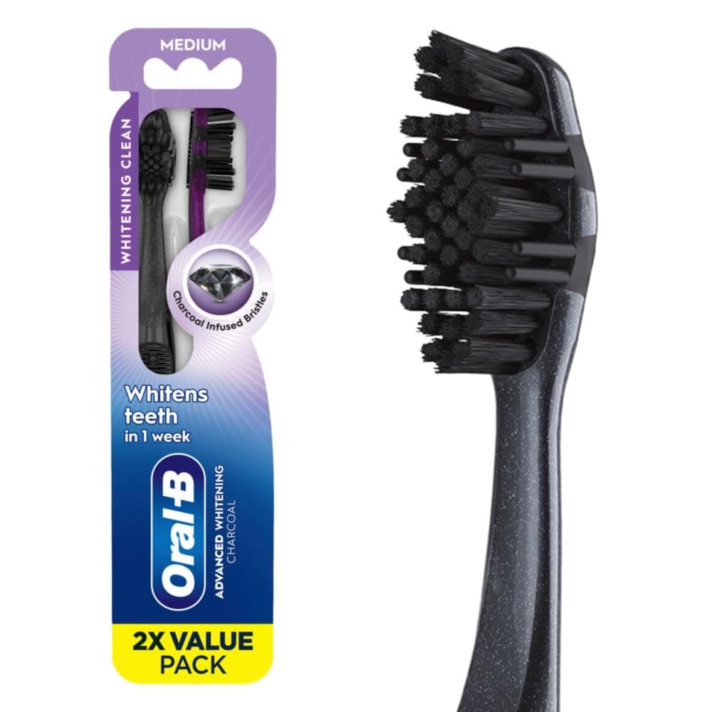 Oral-B 3D White Charcoal Toothbrush, 2 Count Medium Manual tootbrush Pack, Whitens Teeth, removes Plaque and Stains, Tongue Scraper Tooth Brush