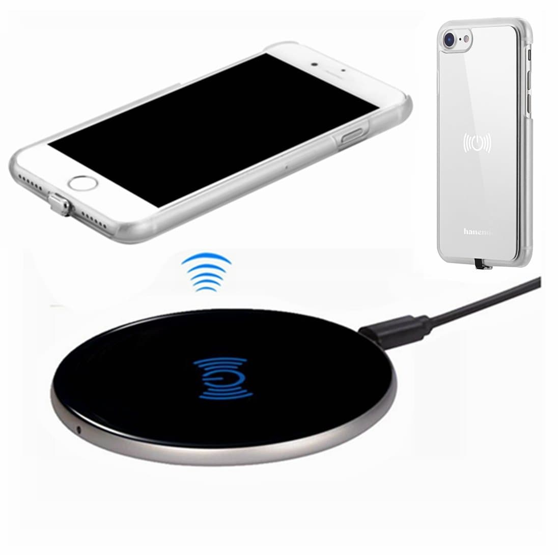 hanende Wireless Charger Kit for iPhone 7, [Sleep-Friendly] Qi Wireless Charging Pad and Wireless Receiver Case for iPhone 7 (Silver)