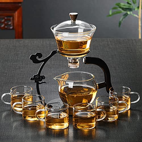 RORA Lazy Kungfu Glass Tea Set Semi Automatic Drip Rotating with Infuser Glass Teapot Set (6 cups)