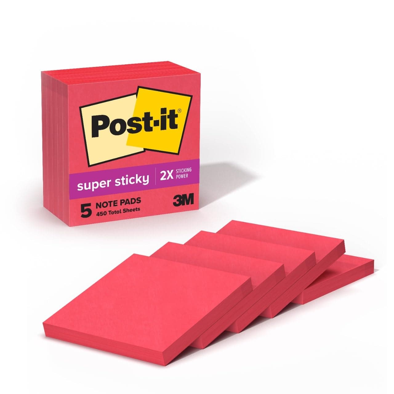 Super Sticky Notes, 5 Sticky Note Pads, 3 x 3 in., Ideal for Organization in Your Dorm, Home or Office, Single Color Packs Collection, Candy Apple Red