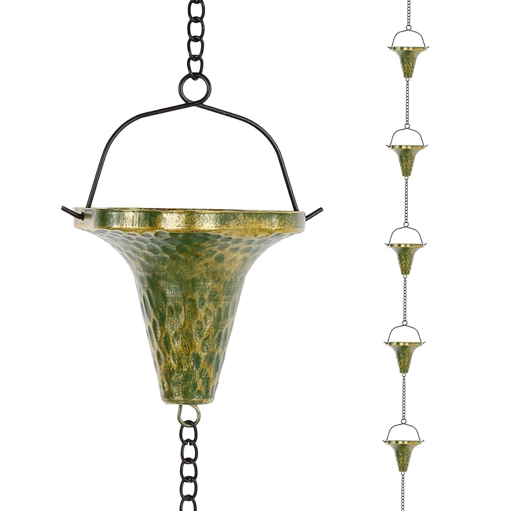 9.7ft Rain Chain, Rain Chain for Outside with 10 Funnel Shaped Cups Adjustable Metal Chain Rain Catcher Chain for Gutters, Eaves, Drains, Replacement Downspouts (Green)