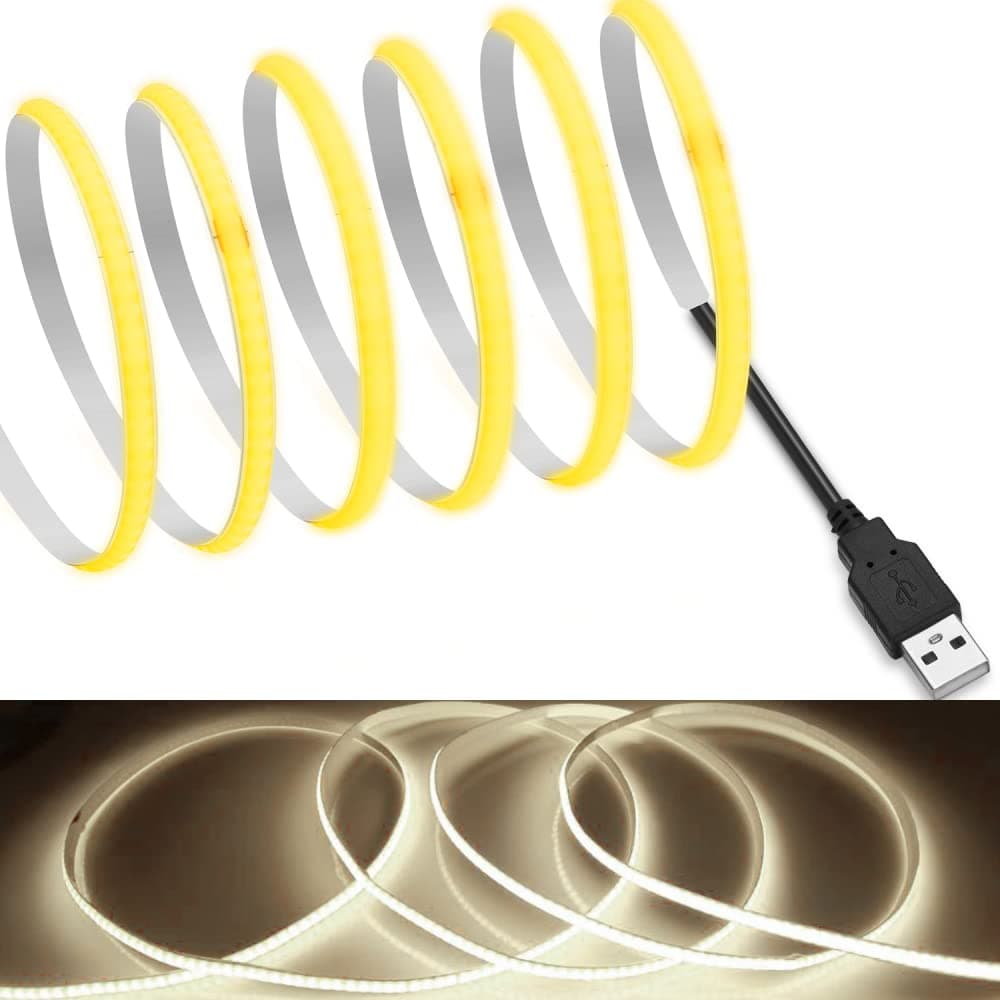 MDee】USB COB Tape Light LED Strip 1.64ft/0.5m- Flexible 5mm Hidden DC 5V LED Tape with 320 LEDs/m for Warm White (4000K) Lighting. Cuttable, Shapeable, USB Powered. Ideal for Kitchen