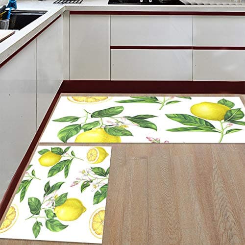 2 Piece Non-Slip Kitchen Mat Runner Rug Set Doormat Fresh Lemon Pattern Door Mats Rubber Backing Carpet Indoor Floor Mat (15.7" x 23.6"+15.7" x 47.2")