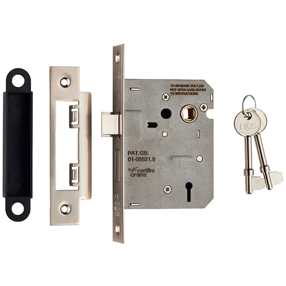 Locking 3 Lever Door Sashlock Latch - Square Forend - 76mm - Satin Nickel | Secure Door Latch Dead Lock - Locking Key Turn Security Catch