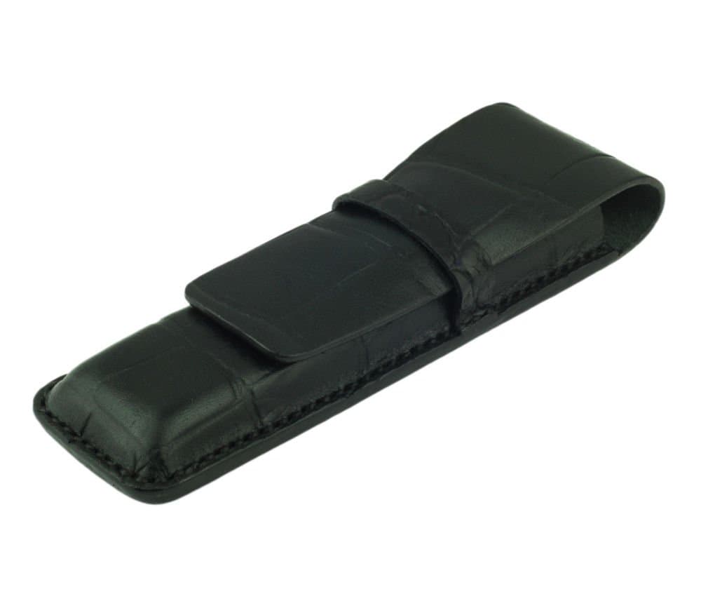 Leather Double Pen Case, Crocodile Grain Leather, Black, Handmade