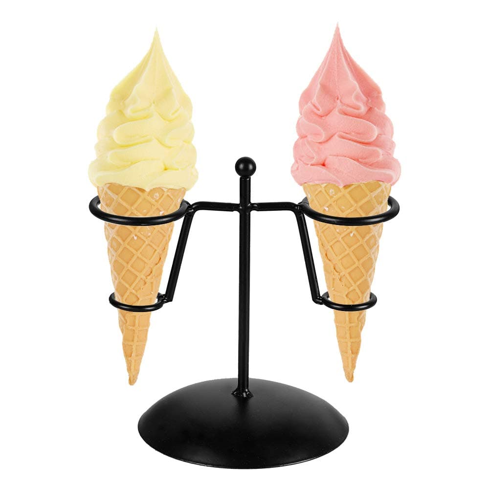 Black Iron Ice Cream Cone Holder Stand With Base 2 Holes to Display Snow Cones Sushi Hand Rolls Popcorn Candy French Fries Sweets Savory