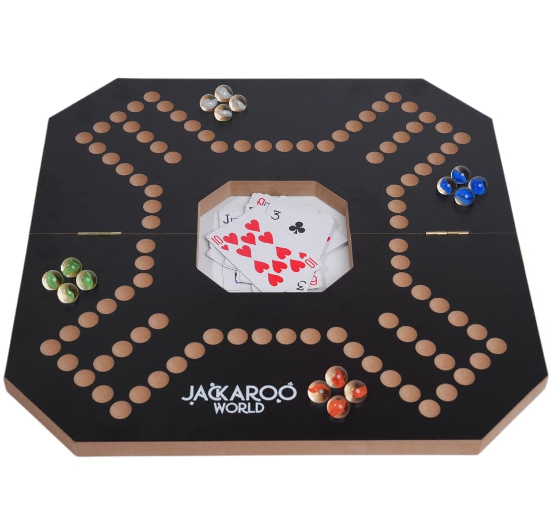 Jackaroo Board Game, 2-4 Player Cards and Marbles Board Game, Solid Wooden Game with 16 Glass Marbles and 52 Cards, Marble Strategy Game, Jokers and Marbles Game, Foldable Board with Carry Bag (Black)