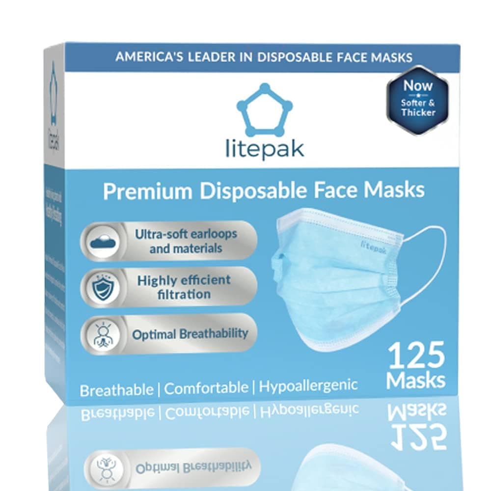 (125ct Box) Disposable Face Mask Premium Soft Earloop 3-Ply Hypoallergenic Medical Surgical Dental Flu Procedural (125 Masks (1 Box), Blue)
