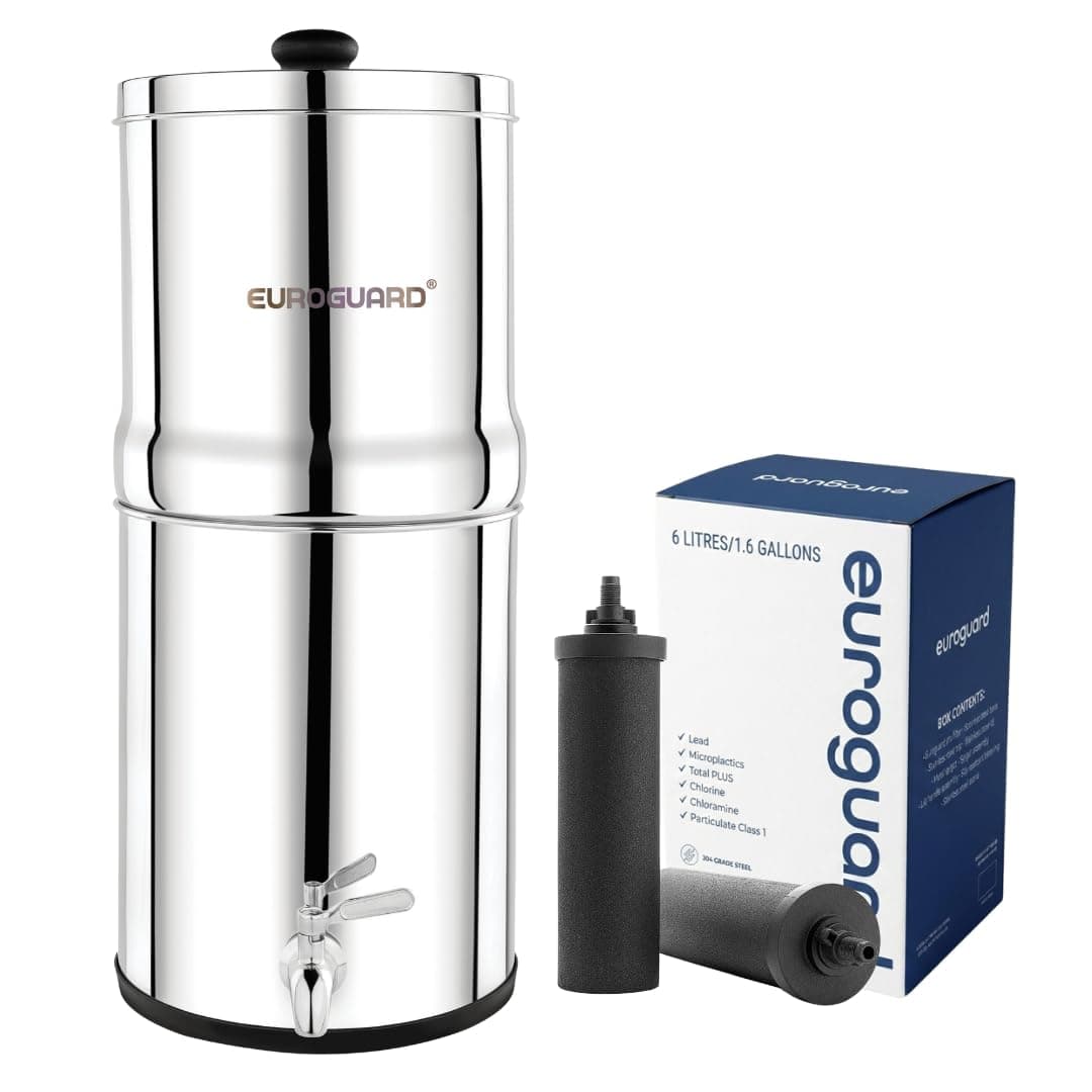 Gravity Water Filter System 8.5L, 304 Stainless Steel Drinking Water Purifier System with Two Carbon Water Filters | Premium Metal Tap | Best for Camping, Outdoors or Home