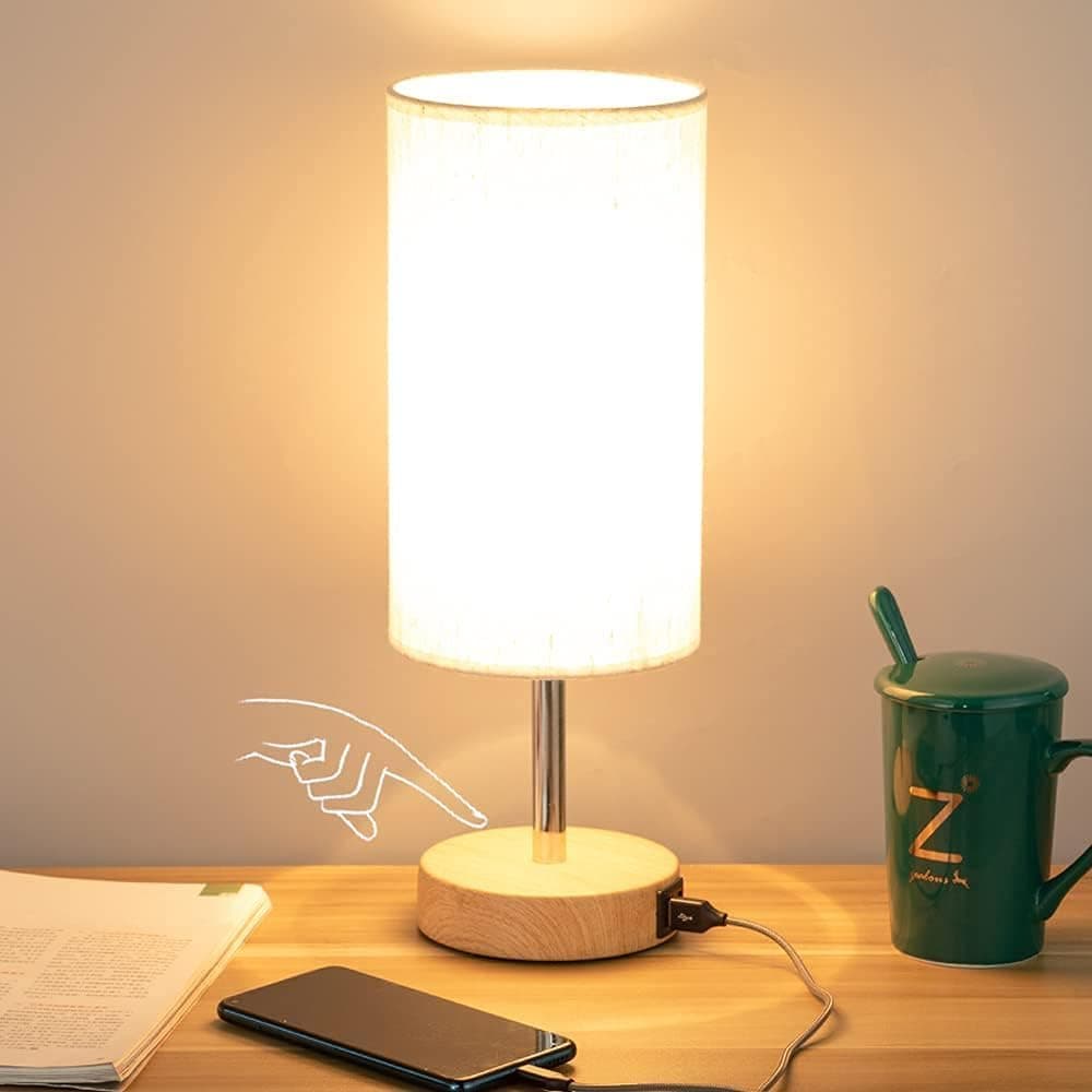 Bedside Lamp with USB port - Touch Control Table Lamp for Bedroom Wood 3 Way Dimmable Nightstand Lamp with Round Flaxen Fabric Shade for Living Room, Kids Room, College Dorm, Office (LED Bulb