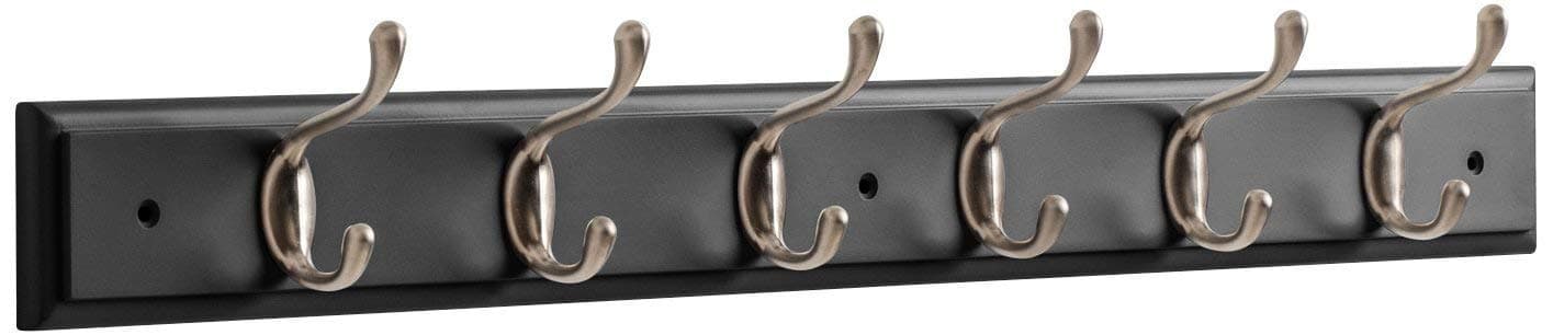 OCCO Resko Coat Rack Wall Mounted with Coat Hooks I H3.5” x W27 x D2.95 / H9cm x W68.5cm x D7.5cm I Strong Wall Hooks Heavy Duty I 6 Nickel Coat Hook On Black Board I Wall Hooks Decorative