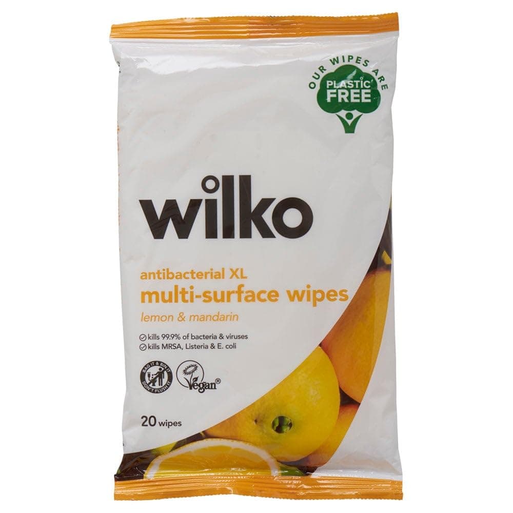 wilkoAnti-bacterial XL Multi-Purpose Wipes - Plastic Free Multi Surface Wet Wipes for Kitchen, Bathroom, Nursery & Home Surfaces - Lemon & Mandarin (30 Packs of 20 Wipes)