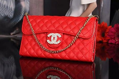 Galaxy S6 Edge Case, Lady Series PU Leather Purse Case Bling Rhinestone Diamond Buckle Peral Wristlet Chain Switch Folio Cover Super Fitted Skin for Samsung Galaxy S6 Edge(RE)