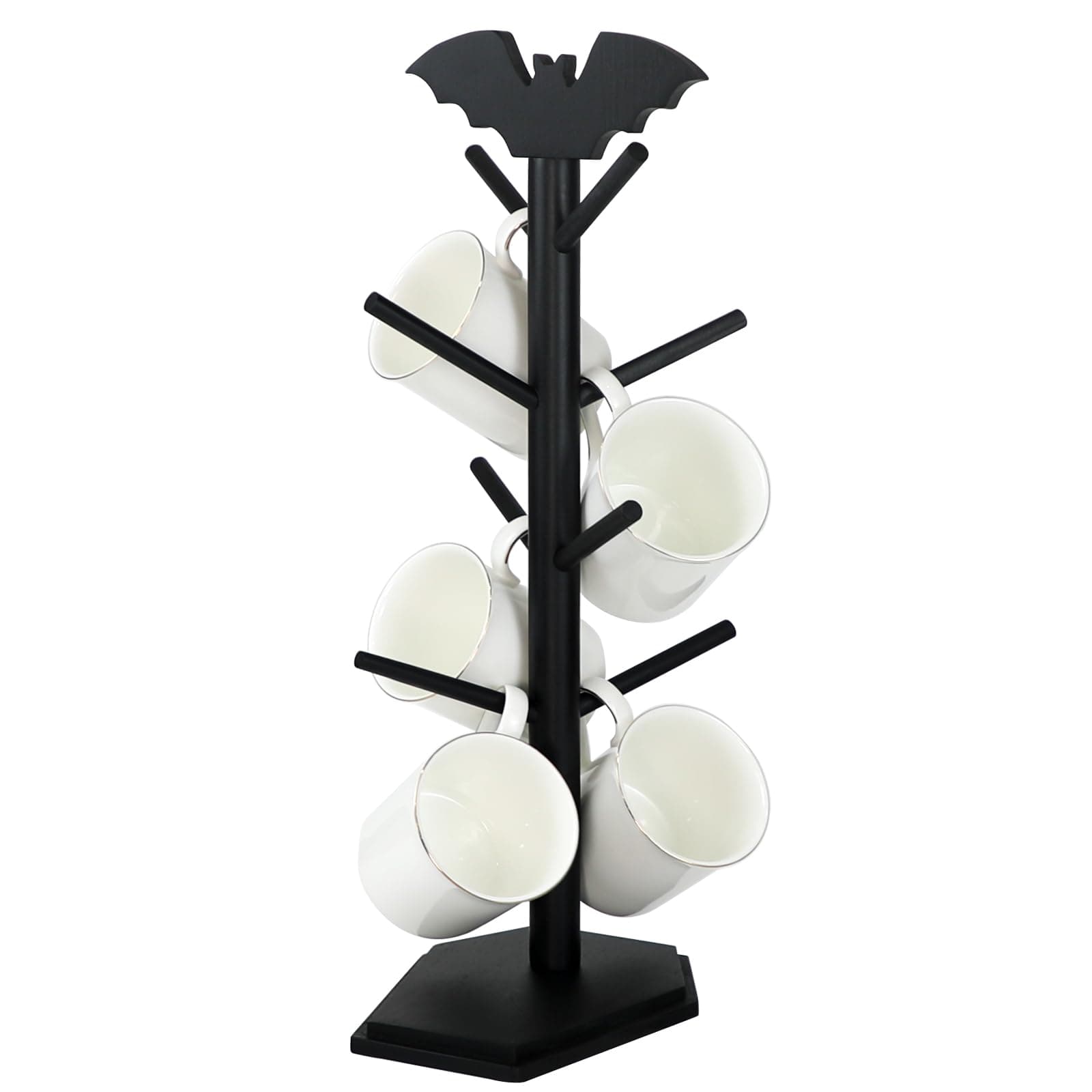 RSSCIIIUL Bat Mug Holder Tree - 8 Hooks Coffee Mug Rack - Gothic Home Decor Wood Coffee Mug Tree for Countertop - Coffee Cup Holder for Halloween Kitchen Organizer & Coffee Bar Accessories