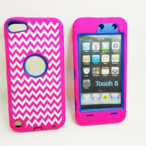 DELUXE Wave Pattern Hybrid Rubber Silicone Cover Case For iPod Touch 5 5th 5G, Wavy Line Print Hard Soft High Impact Hybrid Armor Case Combo for iPod Touch 5 5th Generation, Hybrid 3 PIECE Body Armor PROTECT CASE COVER SKIN FOR IPOD TOUCH 5 5TH. (Pink+Blue)