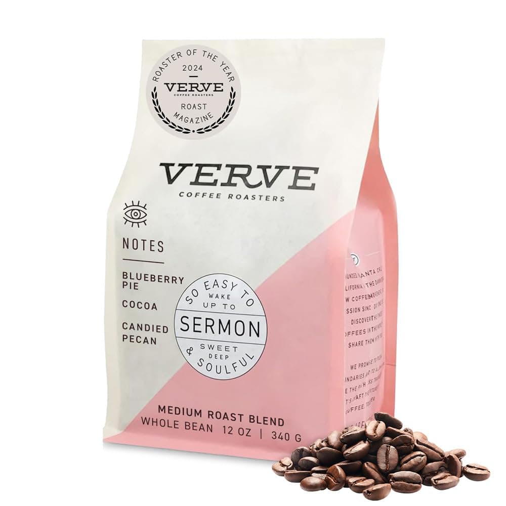 Verve Coffee Roasters Whole Bean Coffee Sermon Blend | Medium Roast, Brewed or Espresso, Direct Trade, Resealable Pouch | Enjoy Hot or Cold Brew | Ideal for French Press | 12oz Bag