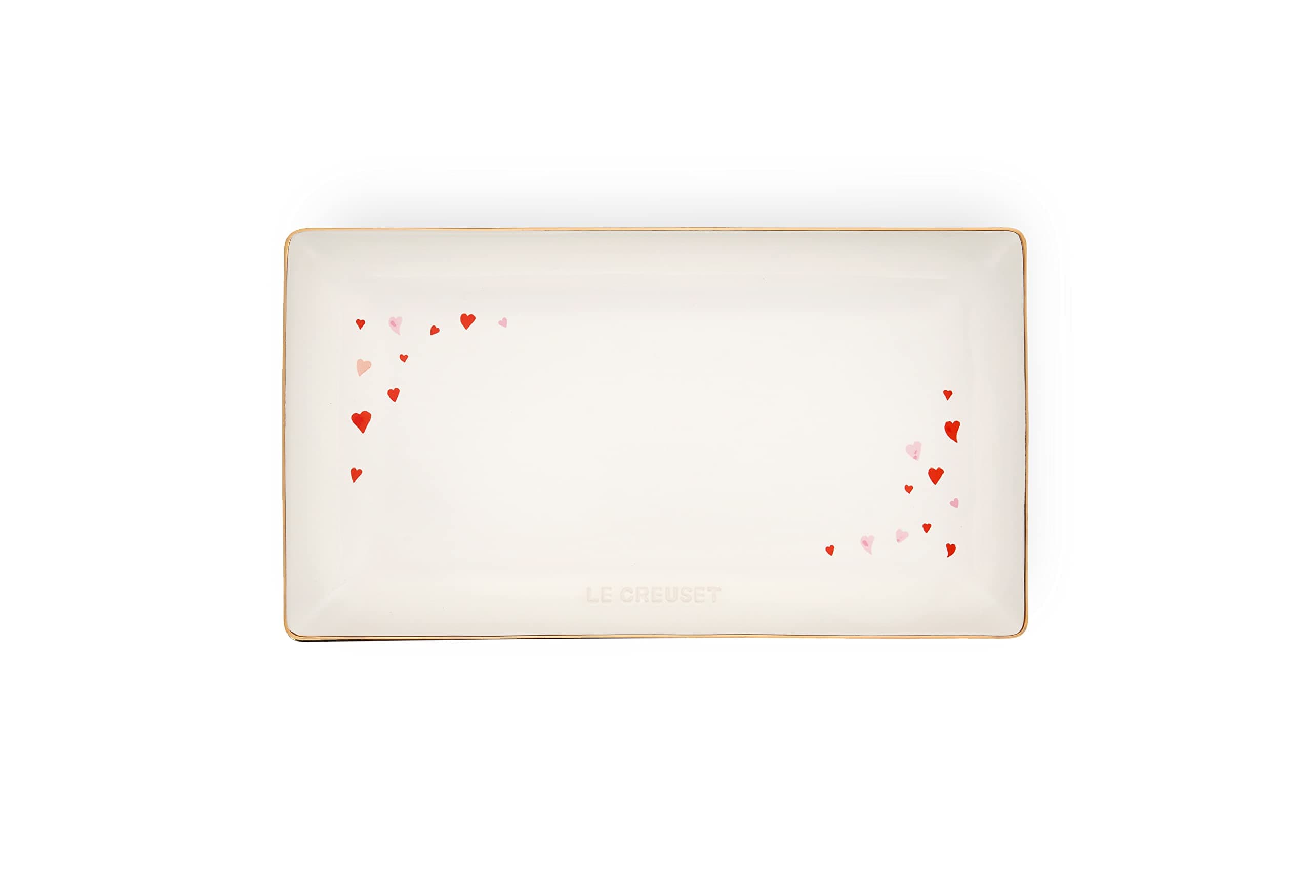 L'Amour Stoneware Rectangular Hostess Tray, 11.25" x 6.25", White with Heart Applique