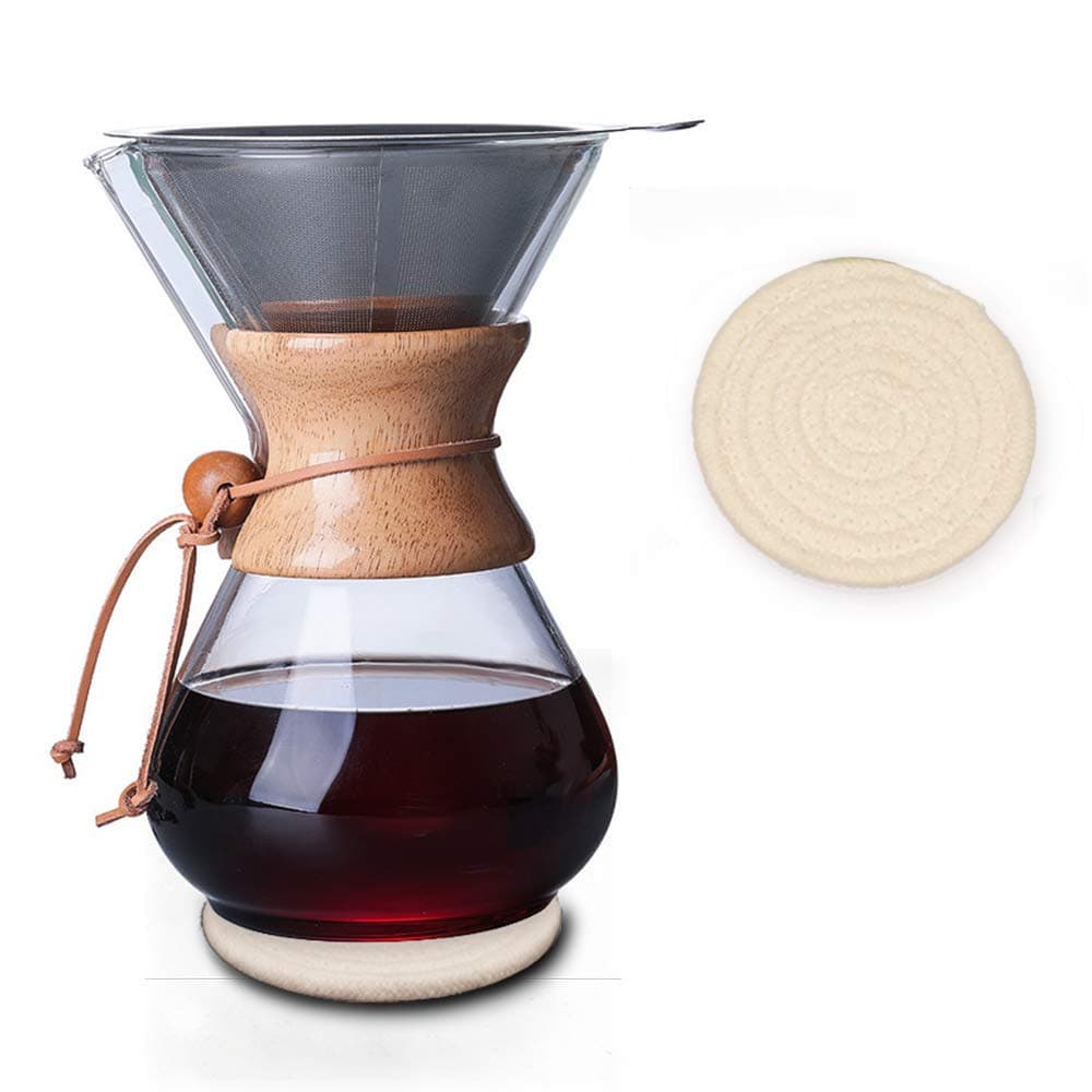 OKCLOD Wood Neck Pour Over Coffee Maker with Permanent Filter and Coaster pad (800ml)