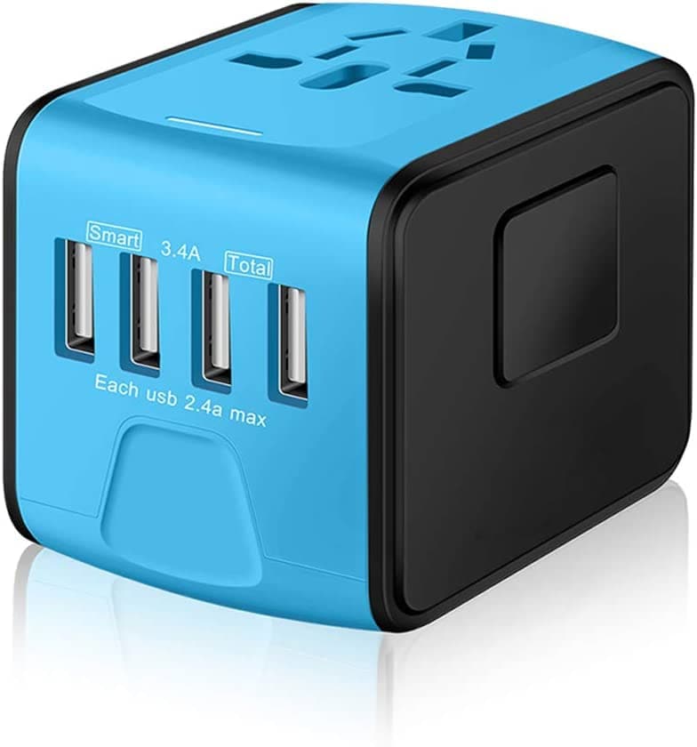 rts Universal Travel Adapter Plug High Speed 2.4A 4xUSB Wall Charger, European Adapter, Worldwide AC Outlet Plugs Adapters for Europe, UK, US, AU, Asia- Covers 150+Countries (Blue)