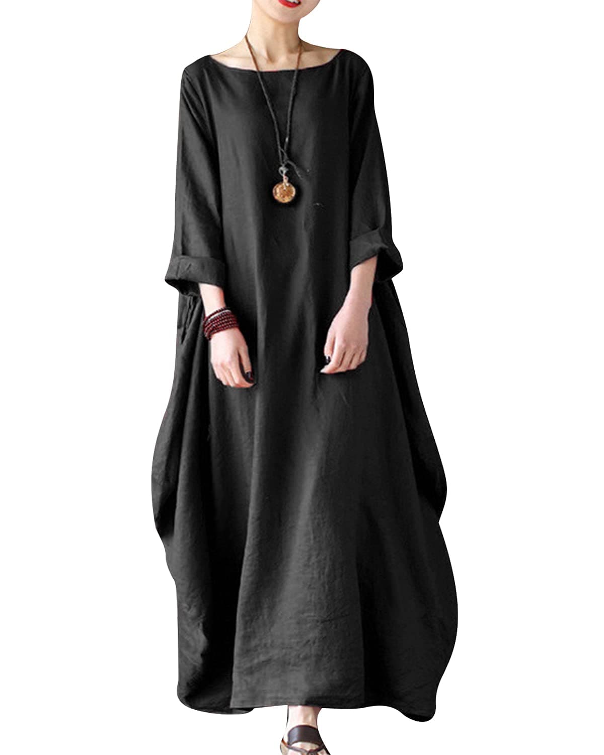 CelmiaAutumn Solid Loose Long Maxi Dress Cotton Caftan