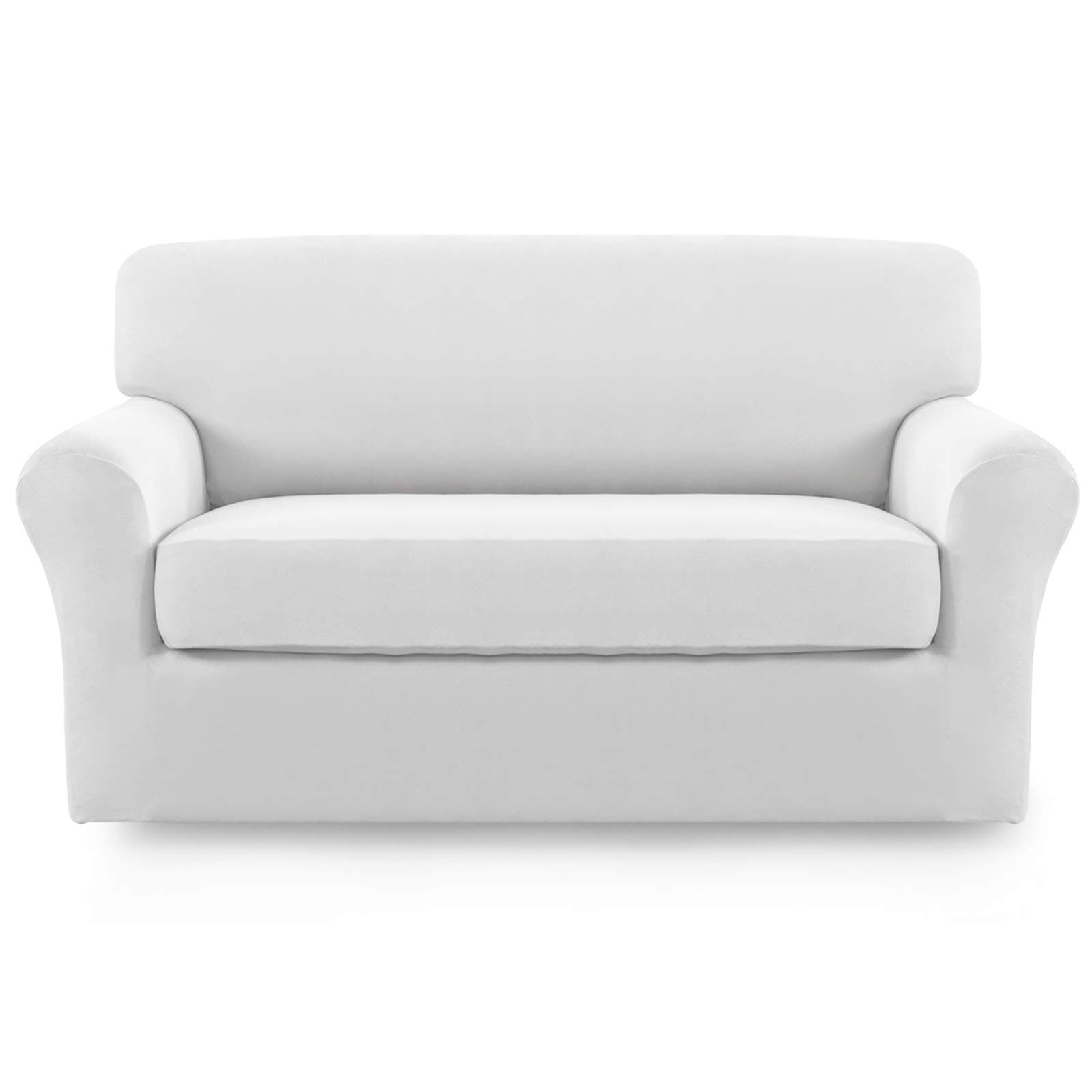 2 Pieces Microfiber Stretch Sofa Slipcover - Spandex Soft Fitted Sofa Couch Cover, Washable Furniture Protector with Elastic Bottom Kids, Pet (Medium, Snow White