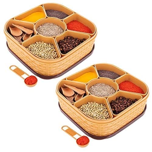 Kavya Enterprise Plastic 2 Pcs Masala Rangoli Box Dabba for Keeping Spices, Spice Box for Kitchen, Masala Container, Plastic Wooden Style, 7 Sections (MB - 2)