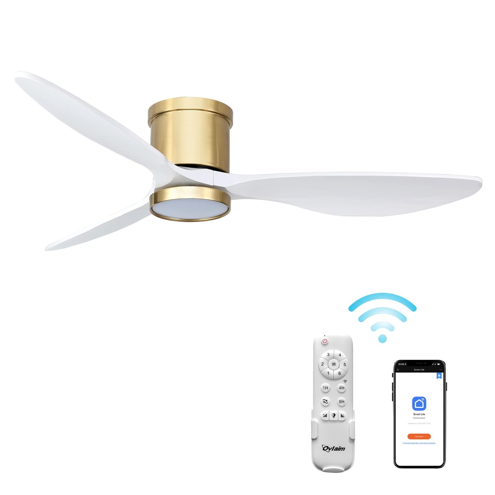 52 Inch Smart Solid Wood Flush Mount Ceiling Fans with Lights Remote Control, 3 Blade White Gold Modern Low Profile Ceiling Fan for Bedroom Living Room, Quiet DC Motor