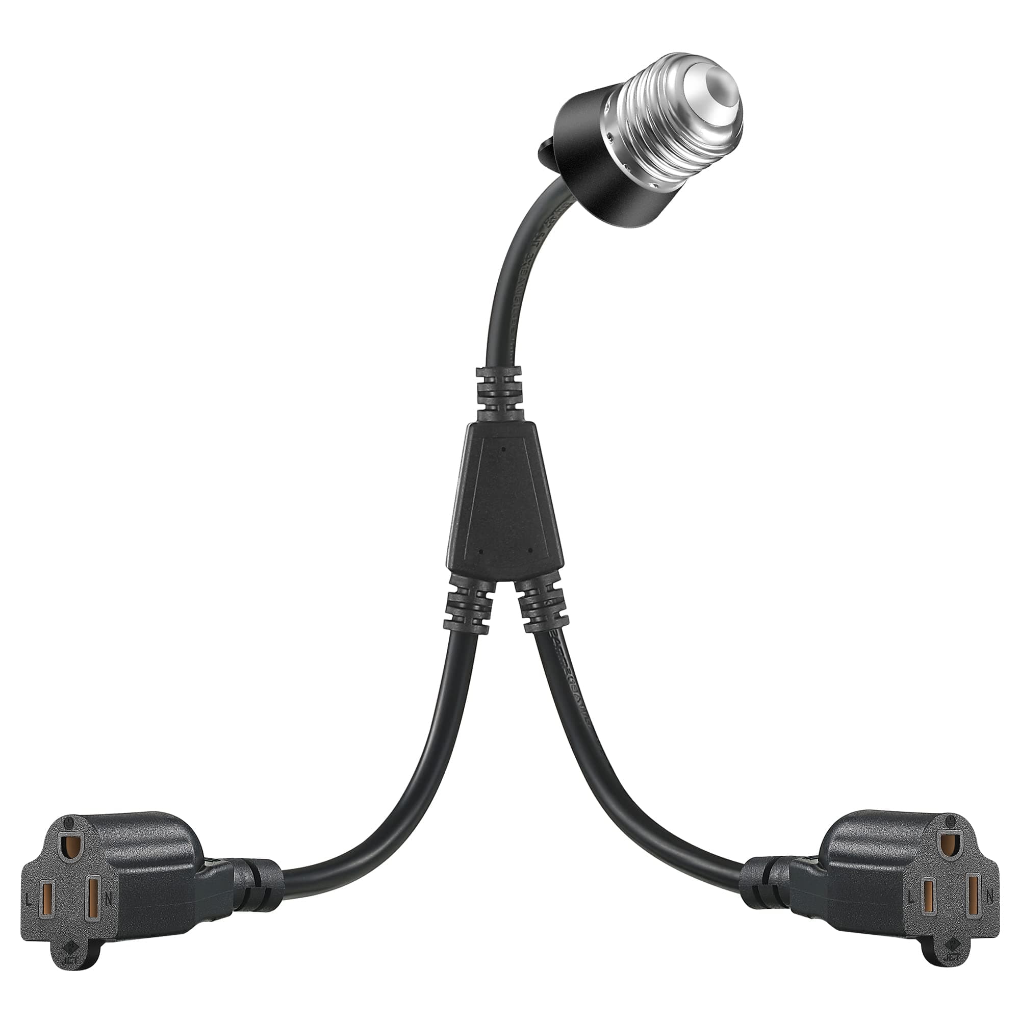 1 Pcs 2 in 1 Light Socket to Plug Adapter, Convert E26/E27 Bulb Socket to 2 Pieces 3 Prong Outlet with Extension Cord, Flexible Light Bulb Socket Converter Suitable for Porch Patio Garage Use (Black)