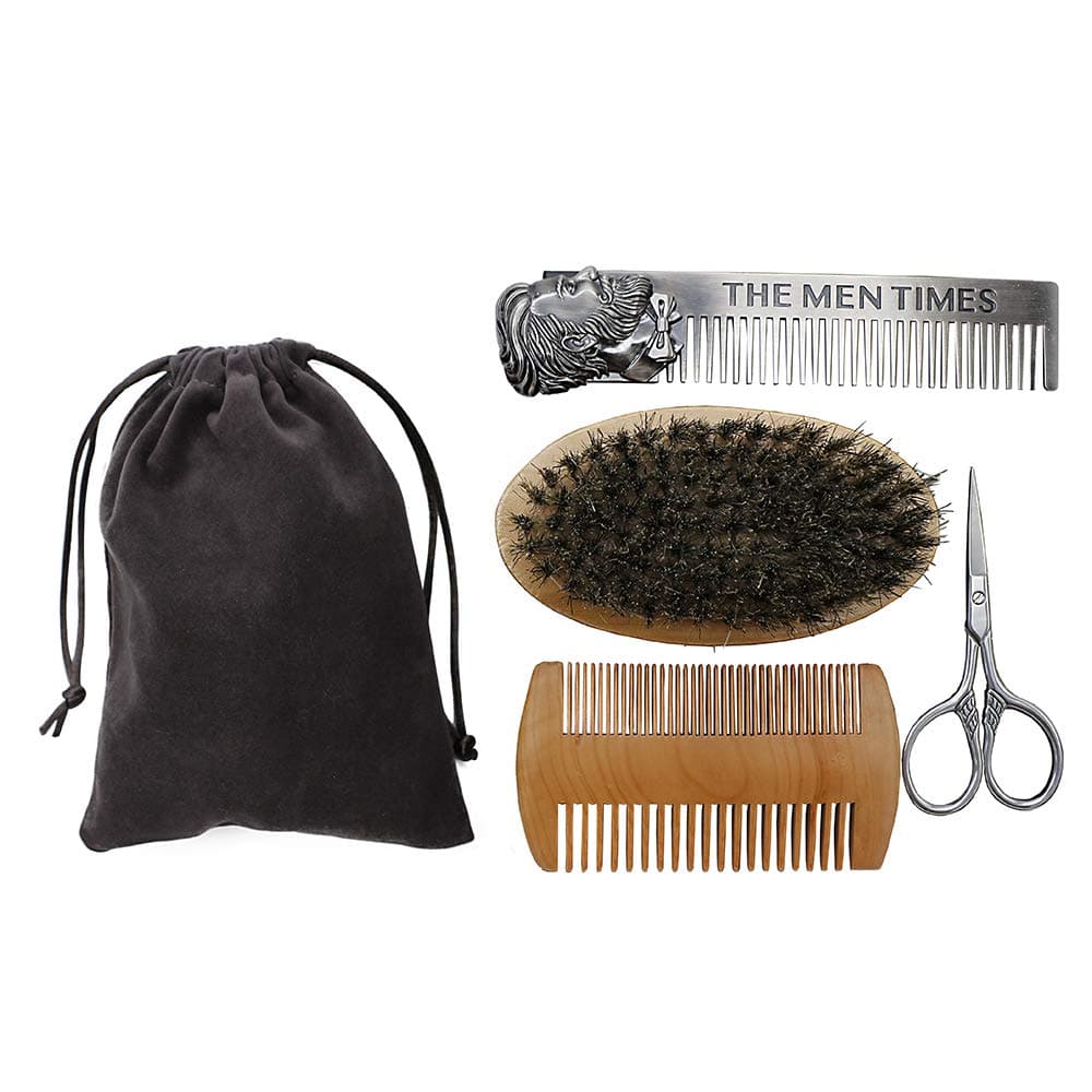 Beard Comb Brush Kit，4 in 1, beard grooming kit, Boar Bristle Beard Brush & Moustache Comb & Scissor, Stainless Steel Comb For A Real Tough Guy, Ideal Present For Men