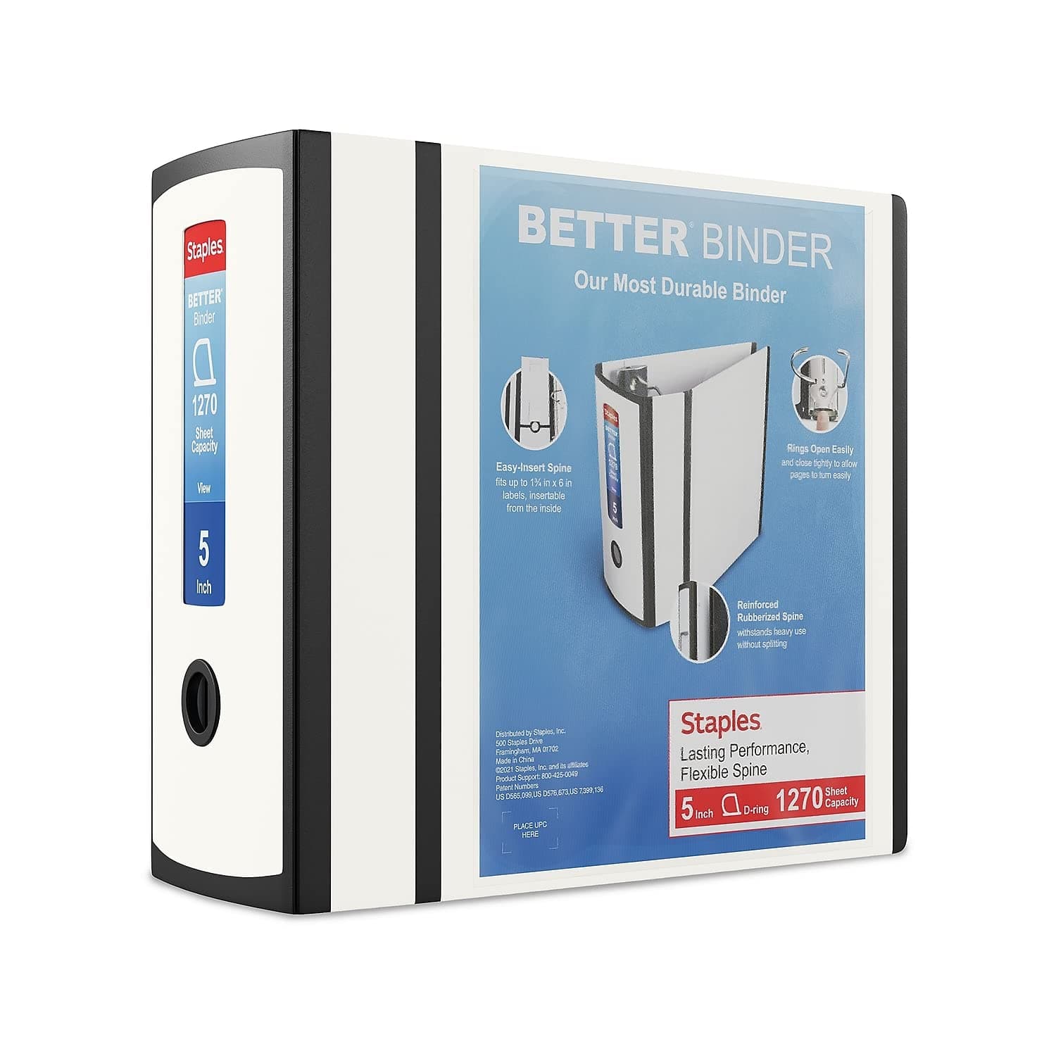 Staples Better Binder Heavy-Duty 5-Inch D-Ring View Binder, Reinforced Spine, Holds Up to 1,000 Sheets, White, for Office & Archiving