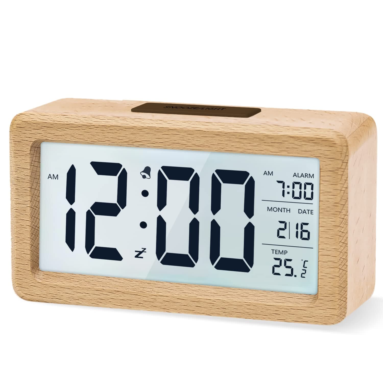aboveClock Wooden Digital Alarm Clock, LED Digital Clock without Tic-Tac with Date Display, Temperature, Snooze, Battery Powered 【3 AAA Batteries Required】