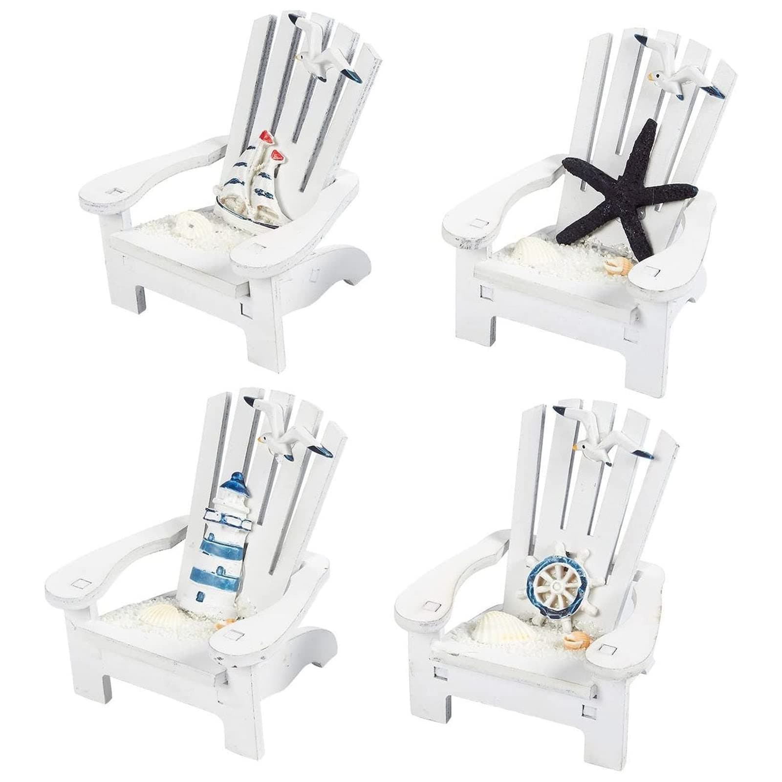 Juvale Set of 4 Mini Beach Chairs - Nautical Bathroom Accent & Beach Decor - Centerpiece for Coastal Decor - Dollhouse Accents & Ocean Wall Art - 3.75 x 3.75 x 4 in, Multicolor, Wood