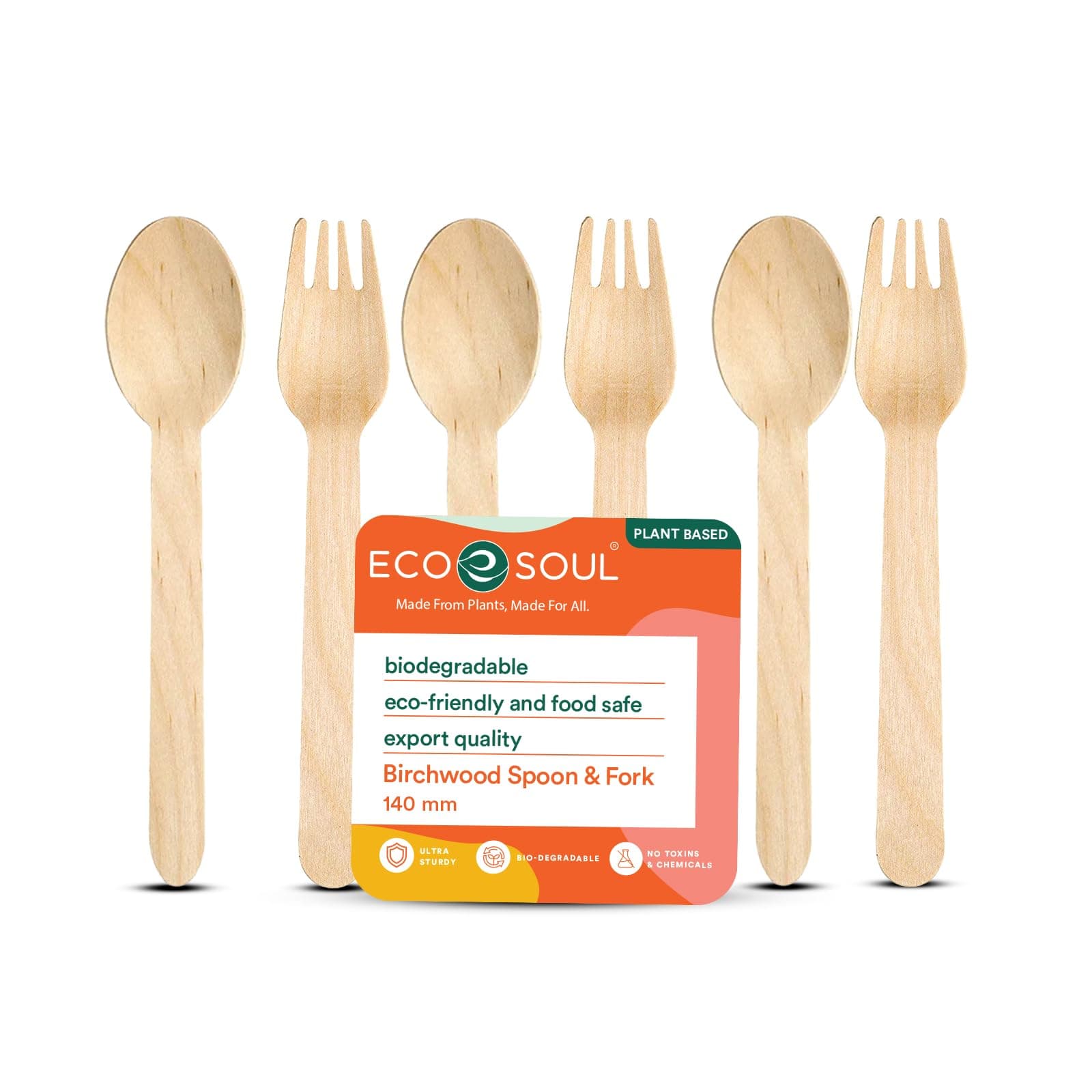 ECO SOUL [140mm, 200 Pack] Disposable Spoons & Fork Set| Wooden Dining Flatware | Ideal for Kids Birthday, Wedding & Party