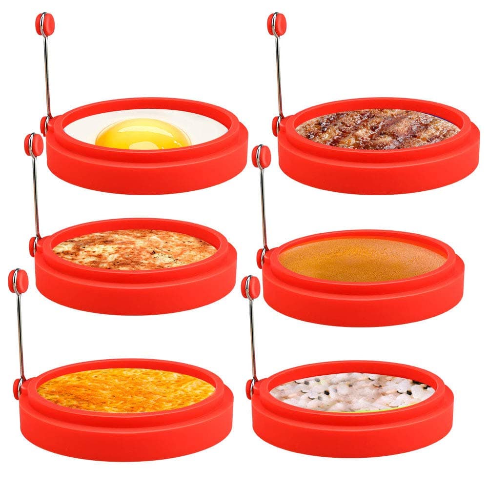 CestMall 6 Pcs Egg Ring, 4 Inch Non Stick Silicone Egg Rings Mcmuffin Ring Round Cooking Pancake Mold Round Cooking Mould for Frying Eggs - Red