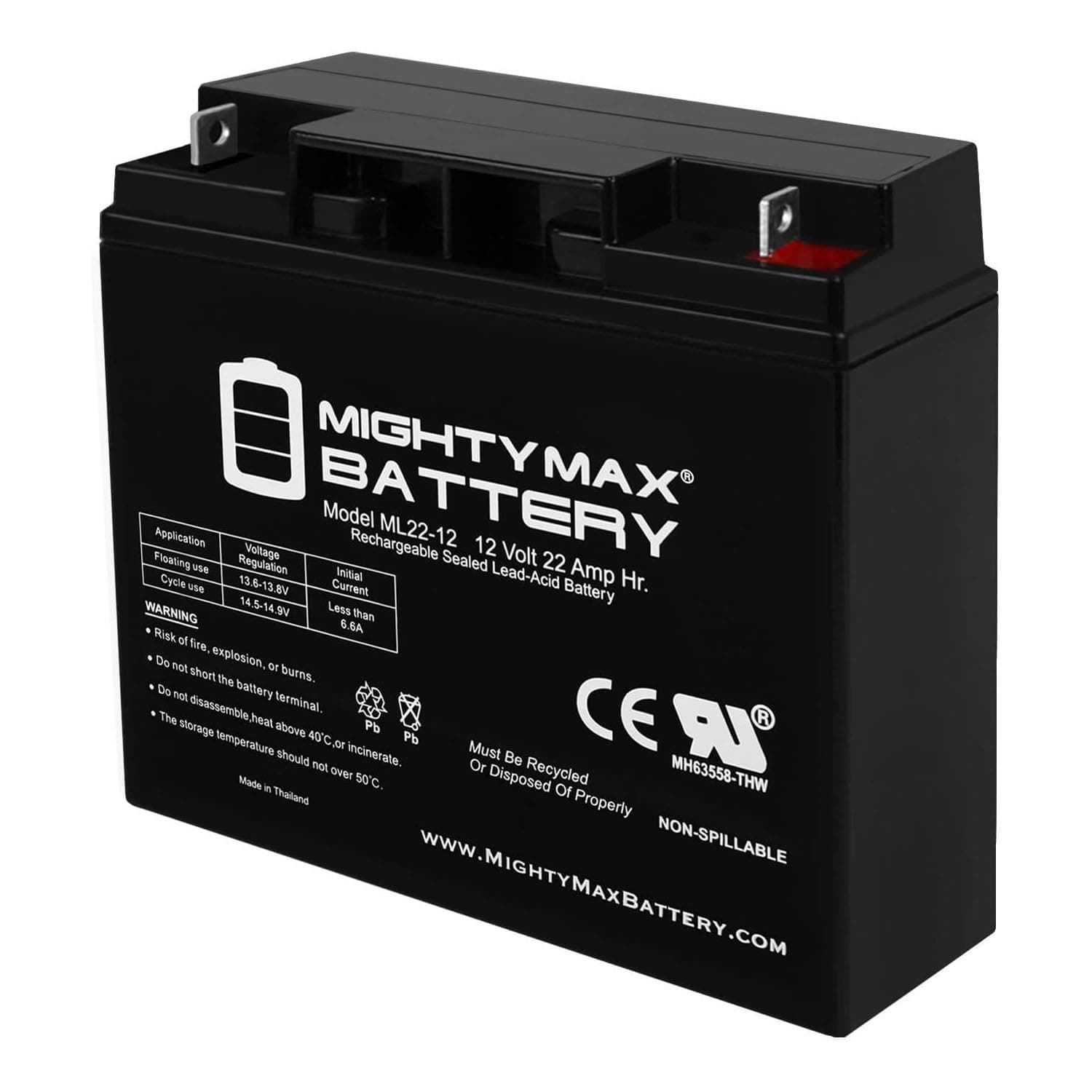 Mighty Max Battery ML22-12 - 12 Volt 22 AH, Nut and Bolt (NB) Terminal, Rechargeable SLA AGM Battery